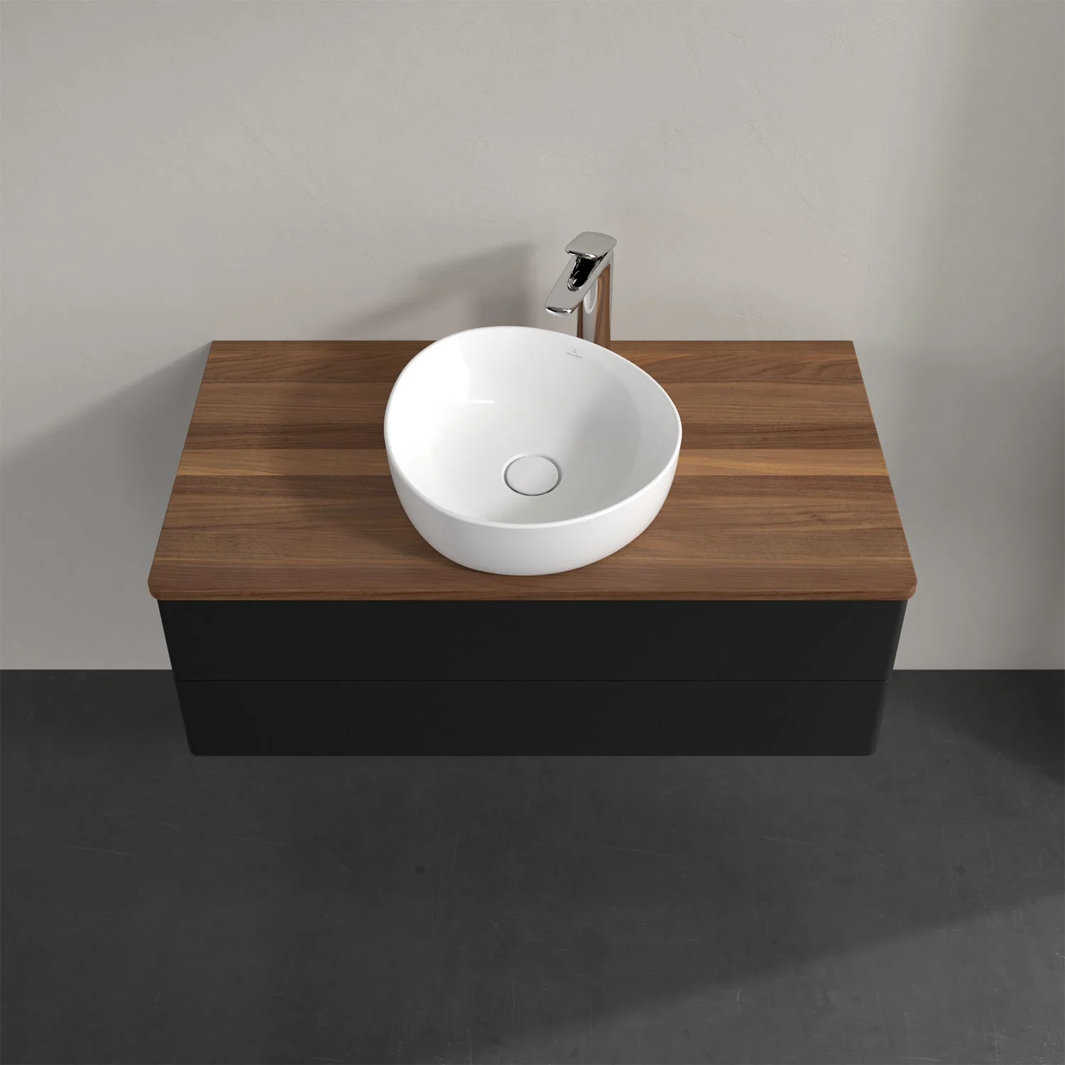 Umywalka z drewnianą powierzchnią i białą umywalką, Villeroy & Boch