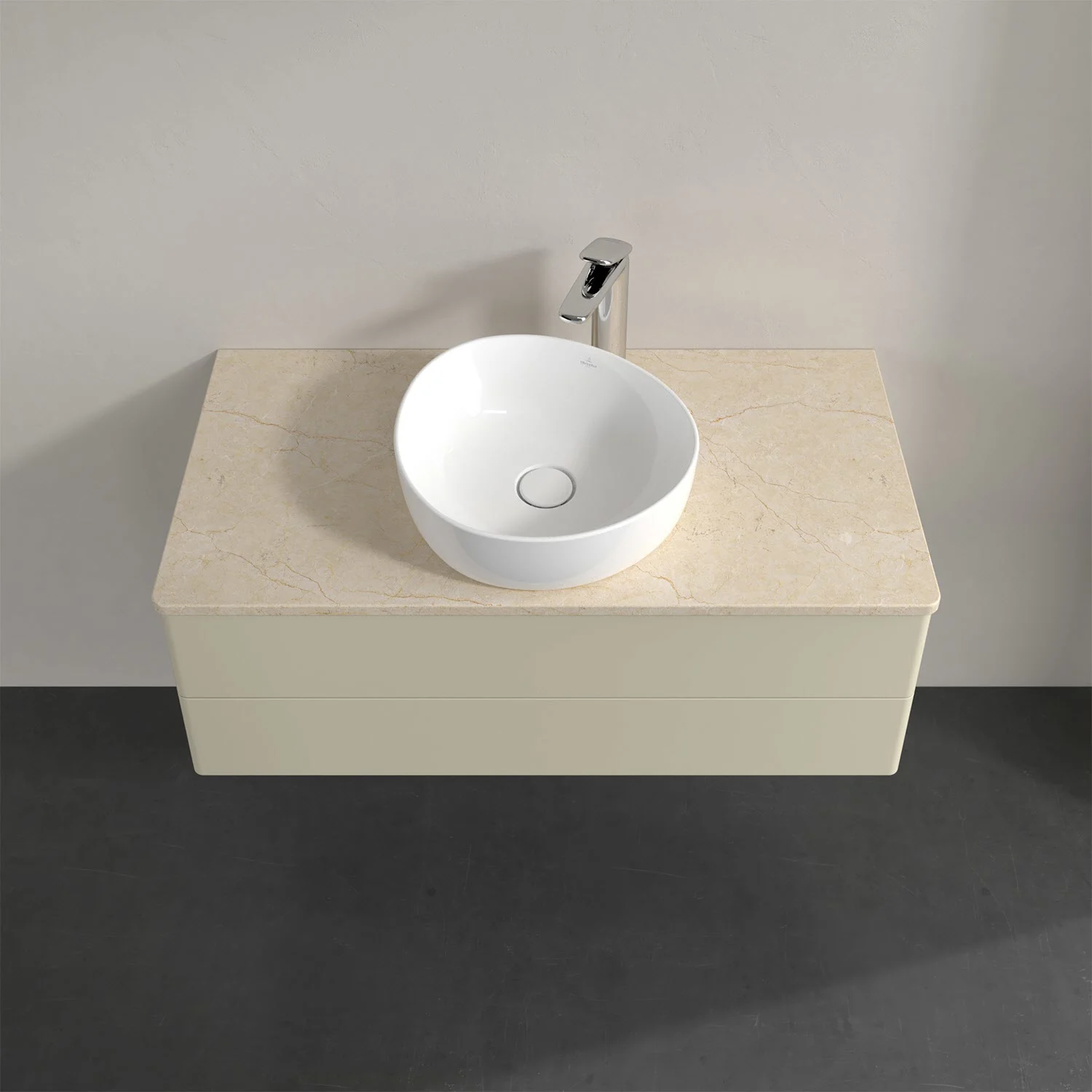 Beżowa szafka z białą umywalką nablatową, Villeroy & Boch
