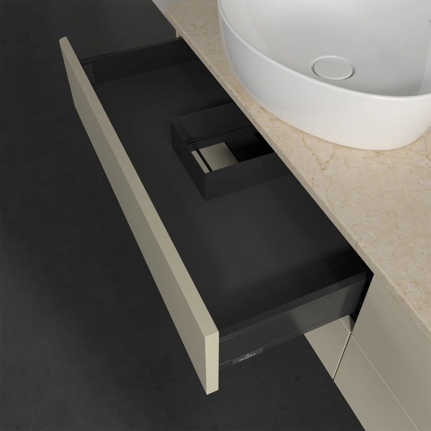 Zbliżenie otwartej szafki z szufladami w łazience, Villeroy & Boch