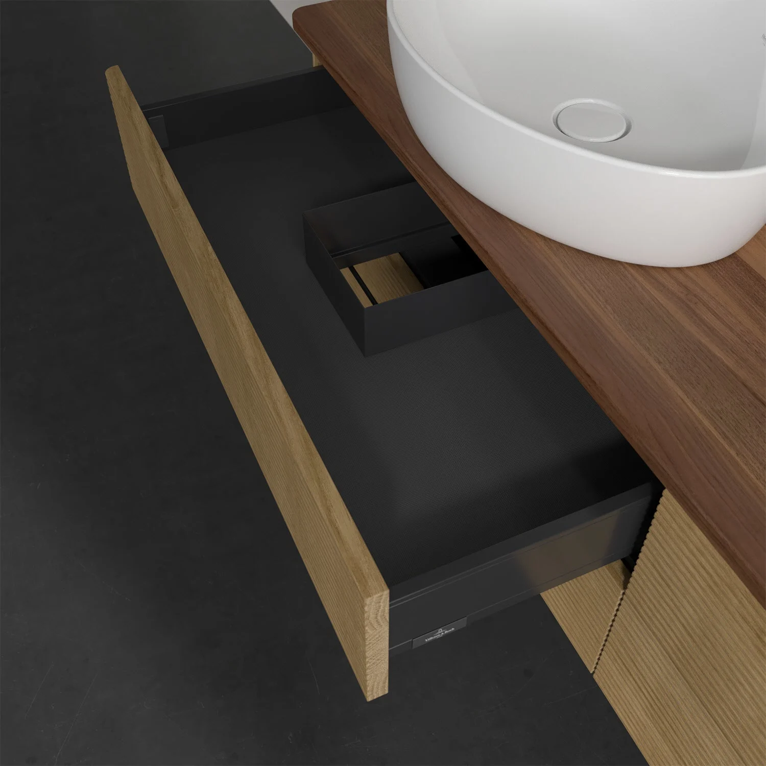 Zbliżenie na umywalkę z otwartą szufladą, Villeroy & Boch