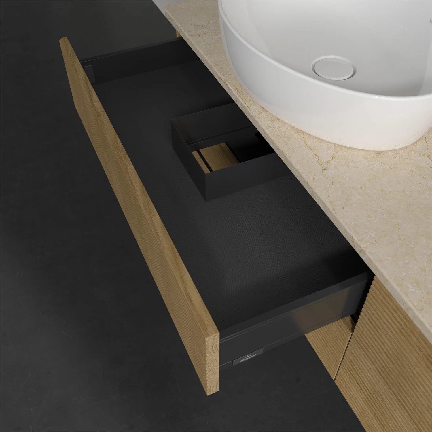 Drewniana szuflada pod beżową umywalką, Villeroy & Boch