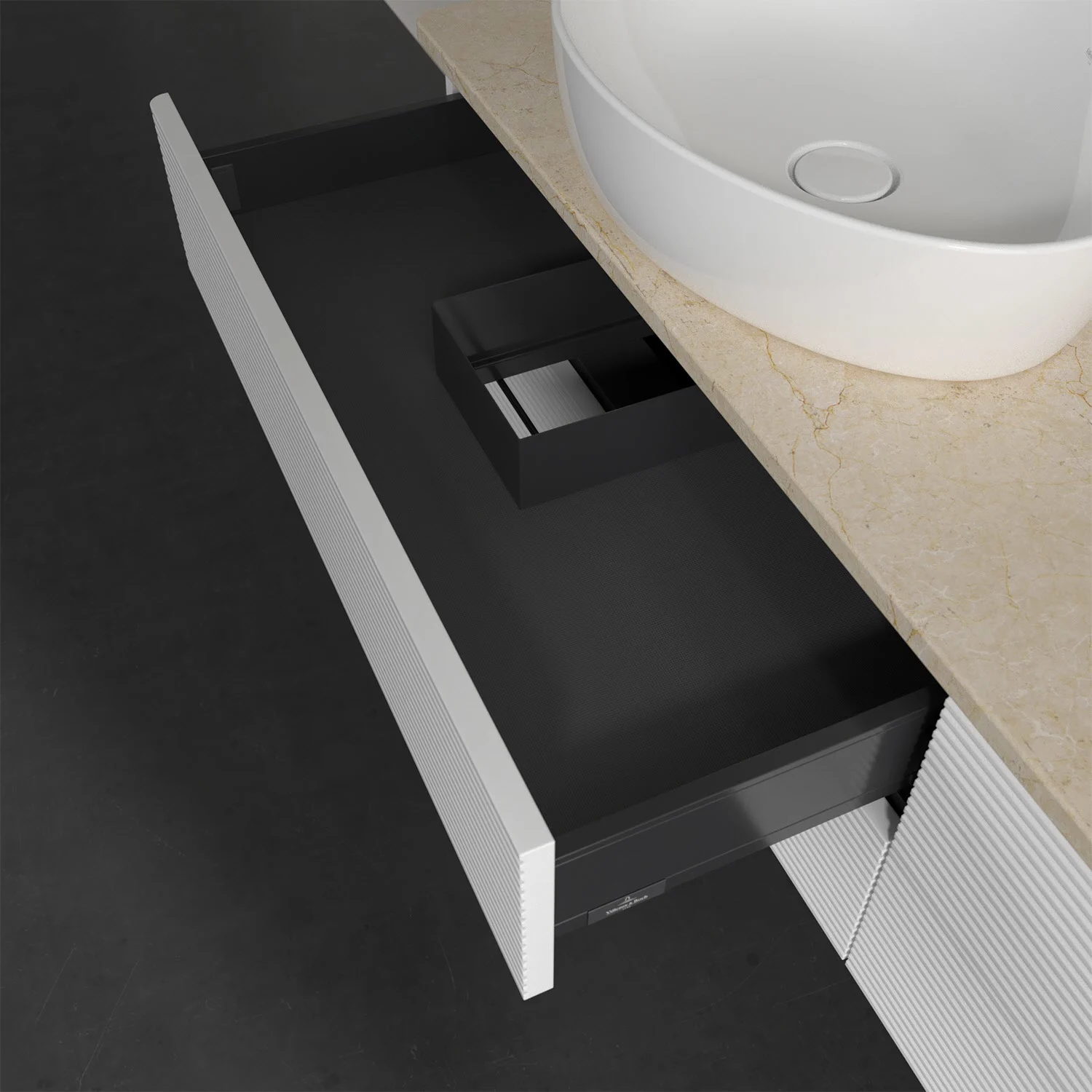 Biała szuflada pod beżową umywalką, Villeroy & Boch