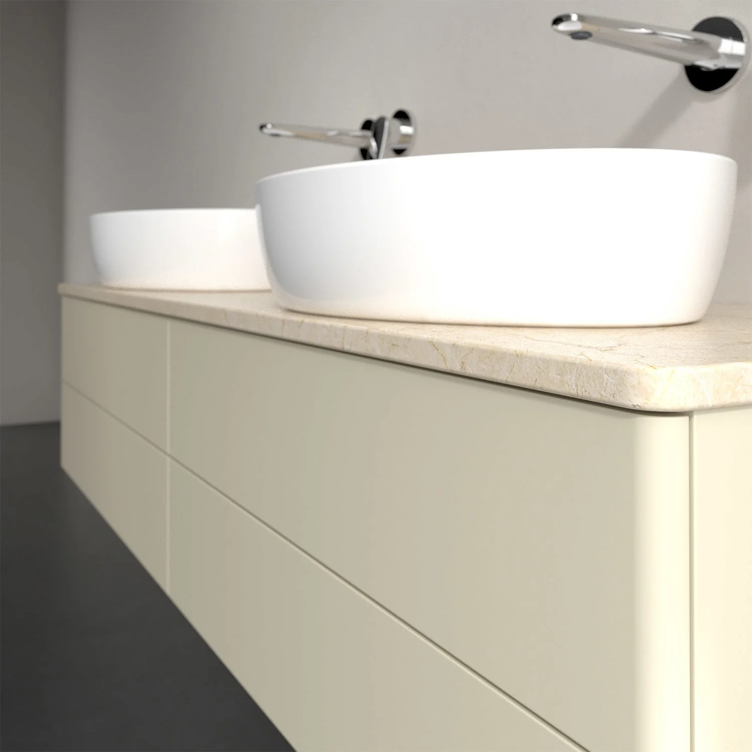 Jasne meble łazienkowe z dwoma umywalkami, Villeroy & Boch
