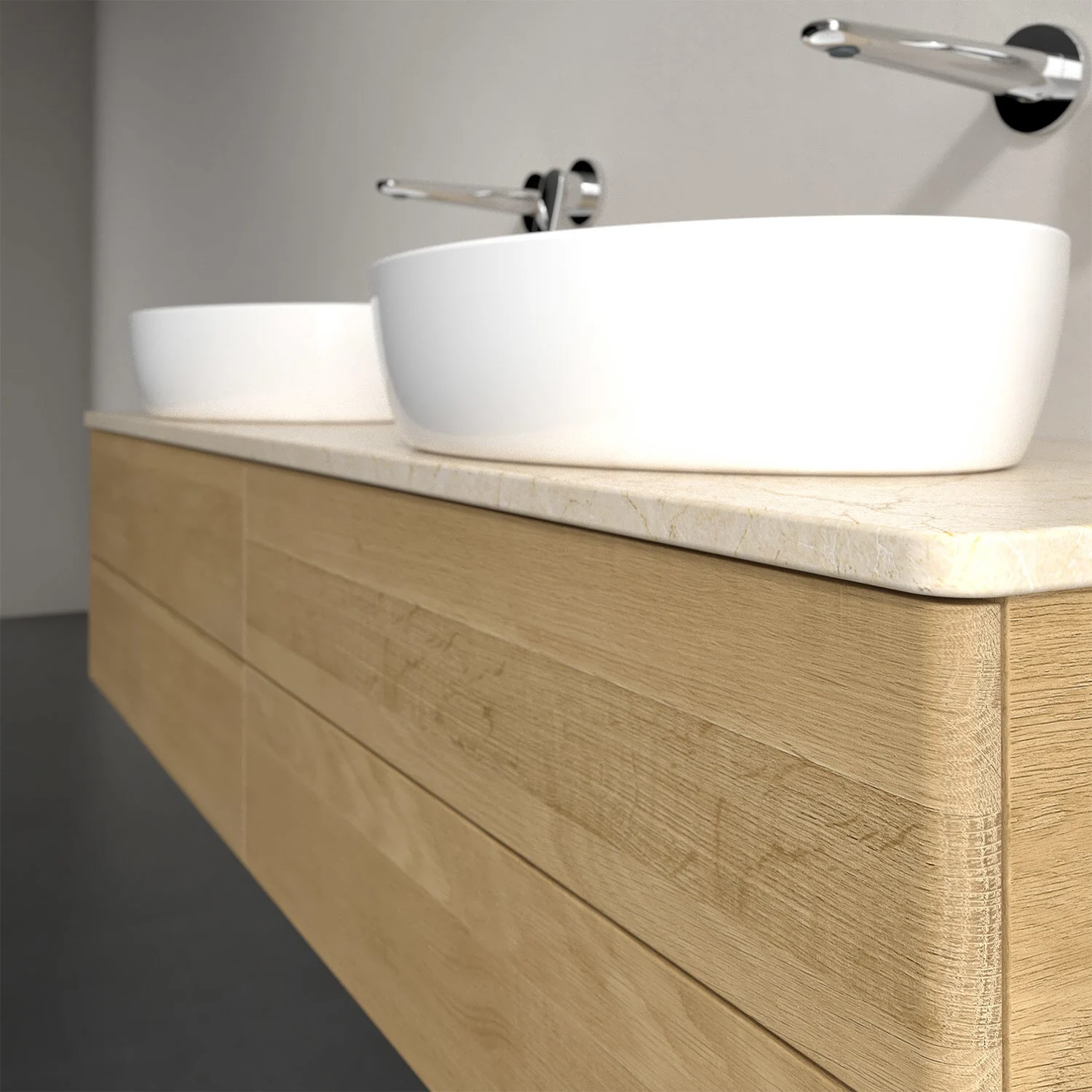 Białe umywalki na drewnianej szafce w łazience, Villeroy & Boch