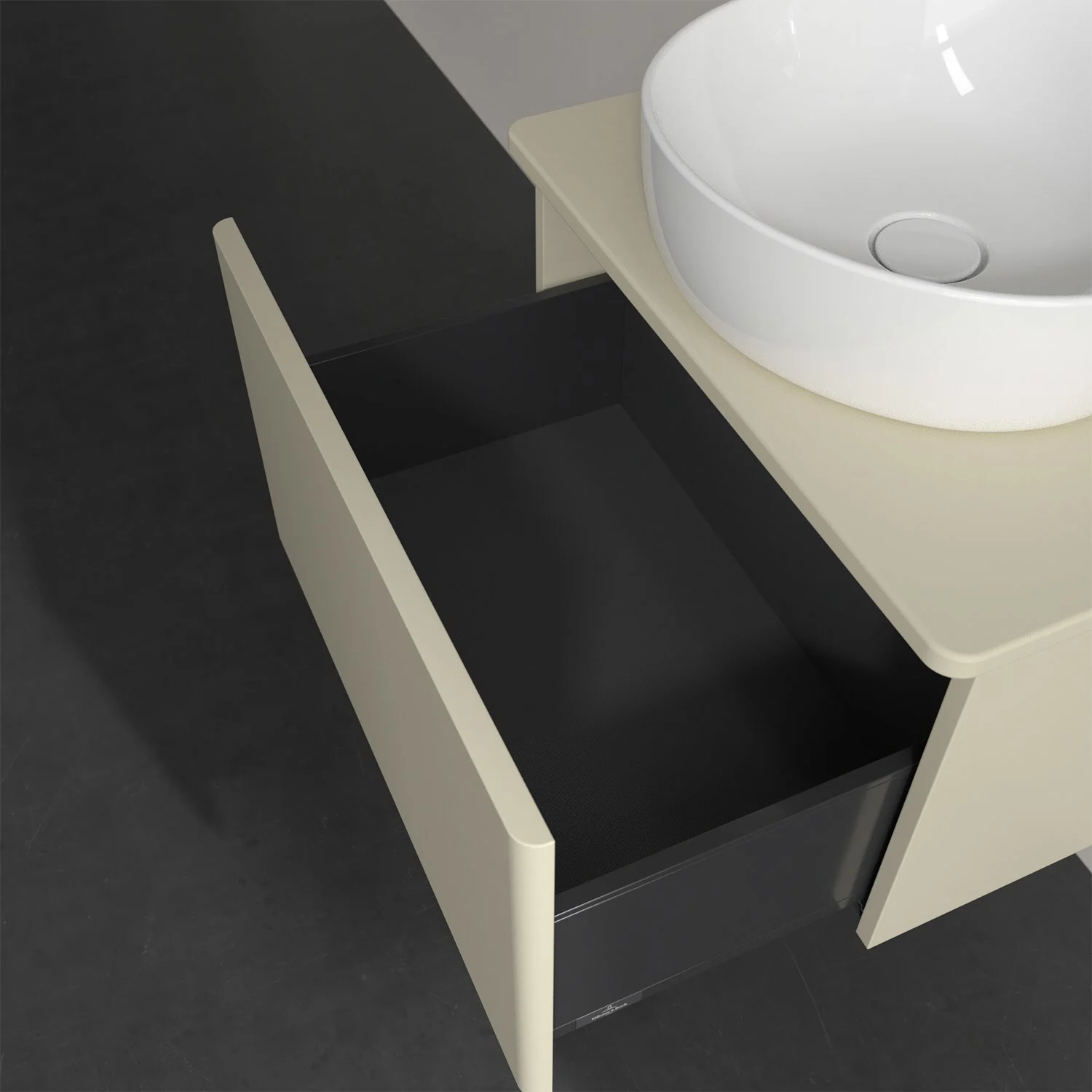 Otwarta szuflada pod białą umywalką, Villeroy & Boch