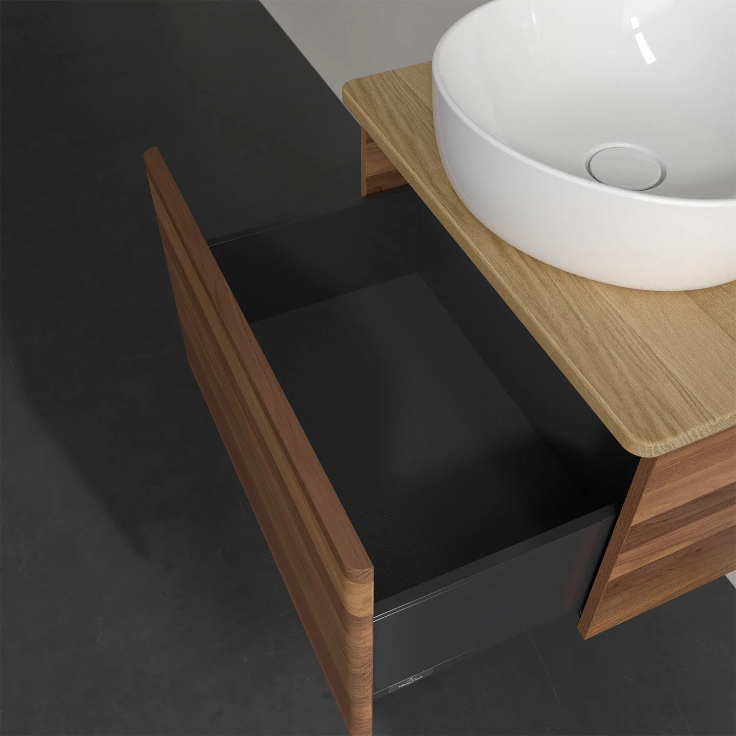 Otwarta szuflada pod białą umywalką, Villeroy & Boch