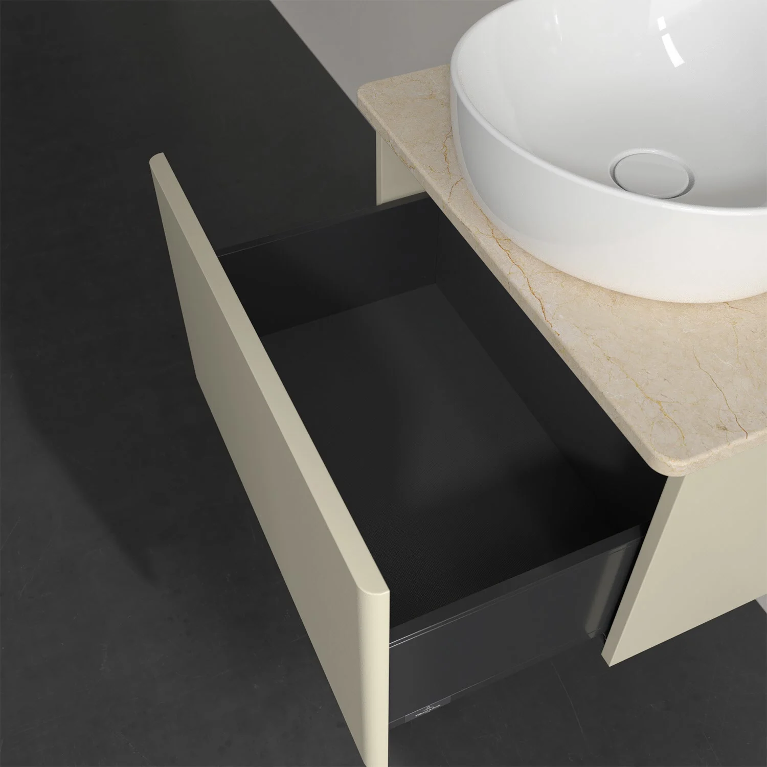 Otwarta szuflada pod białą umywalką z góry, Villeroy & Boch