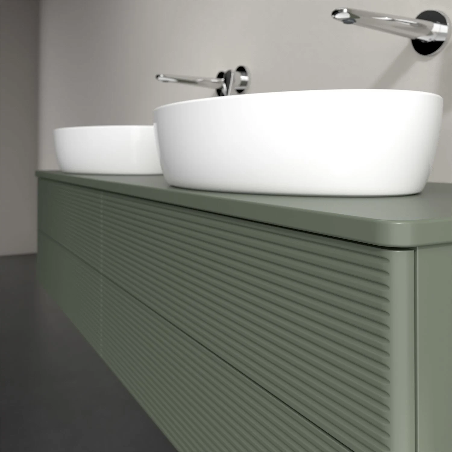 Dwa zlewy na zielonej szafce w łazience, Villeroy & Boch