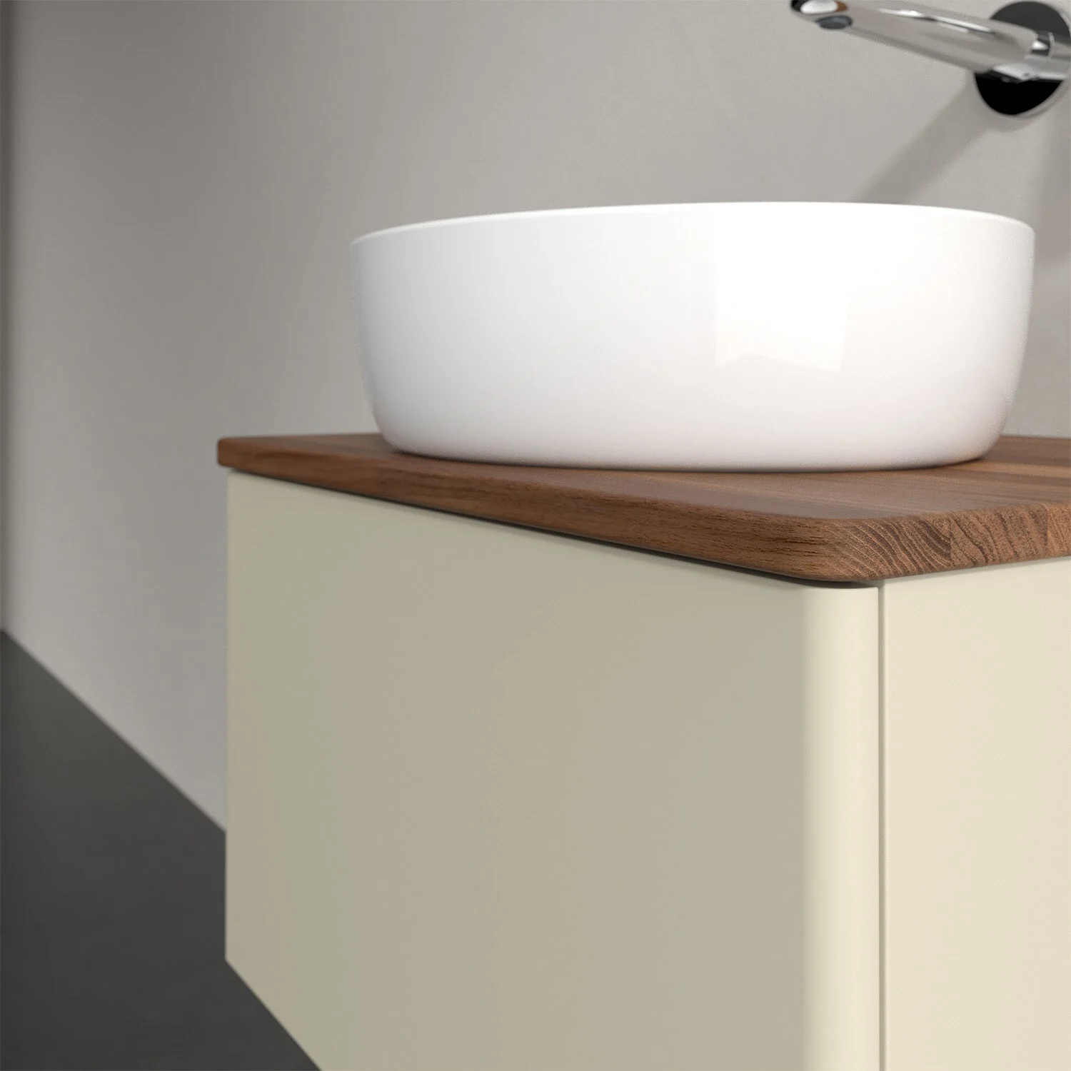 Umywalka na beżowej szafce w łazience, Villeroy & Boch