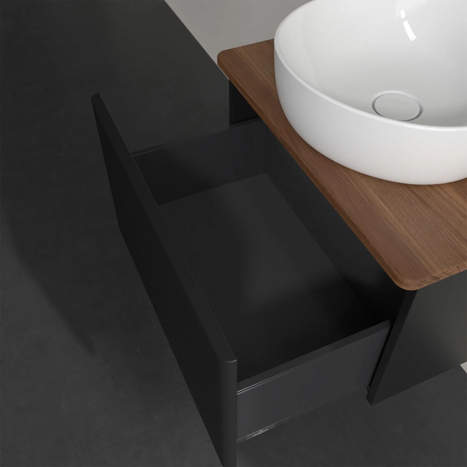 Otwarta szuflada pod umywalką widok z góry, Villeroy & Boch