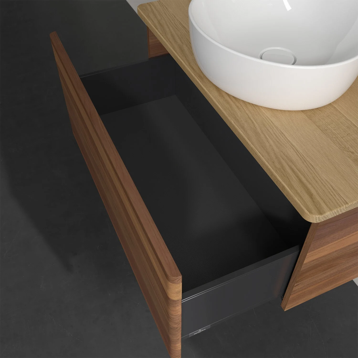 Umywalka z drewnianą powierzchnią i otwartą szufladą, Villeroy & Boch