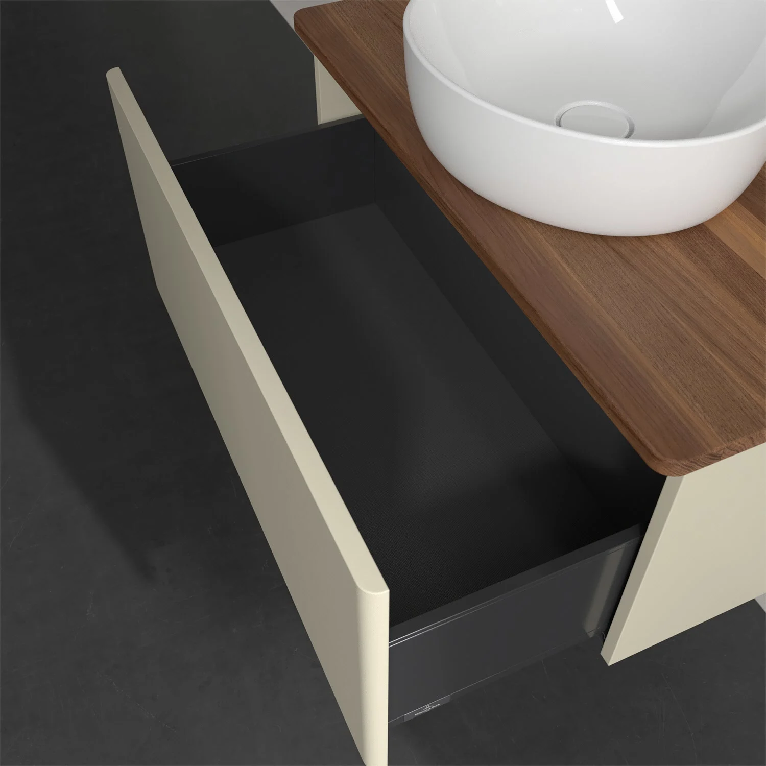 Otwarta szuflada pod umywalką na drewnianym blacie, Villeroy & Boch