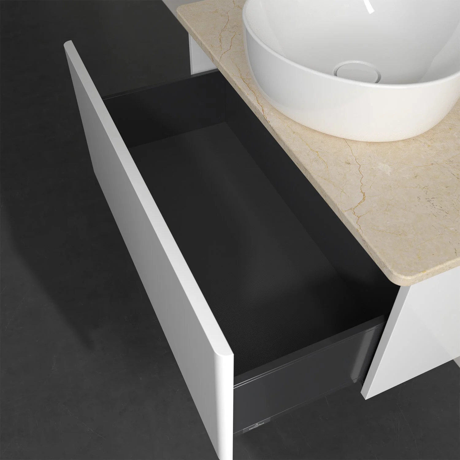 Otwarta szuflada pod umywalką w łazience, Villeroy & Boch