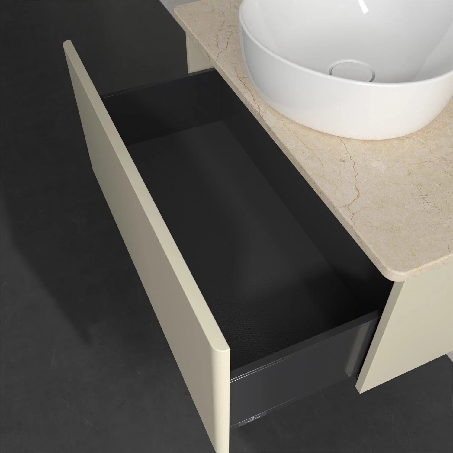 Otwarta szuflada pod umywalką w łazience, Villeroy & Boch