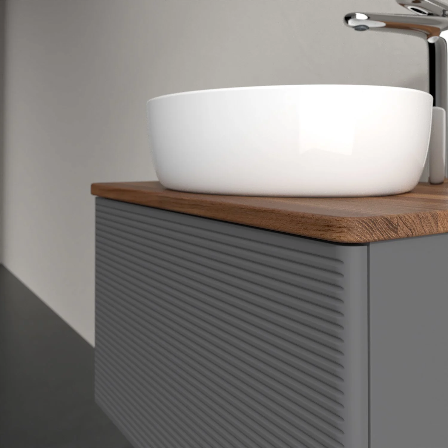 Umywalka na drewnianym blacie z bliska, Villeroy & Boch