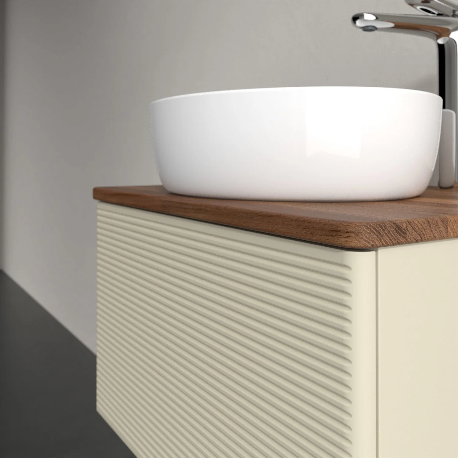 Umywalka na drewnianym blacie z bliska, Villeroy & Boch