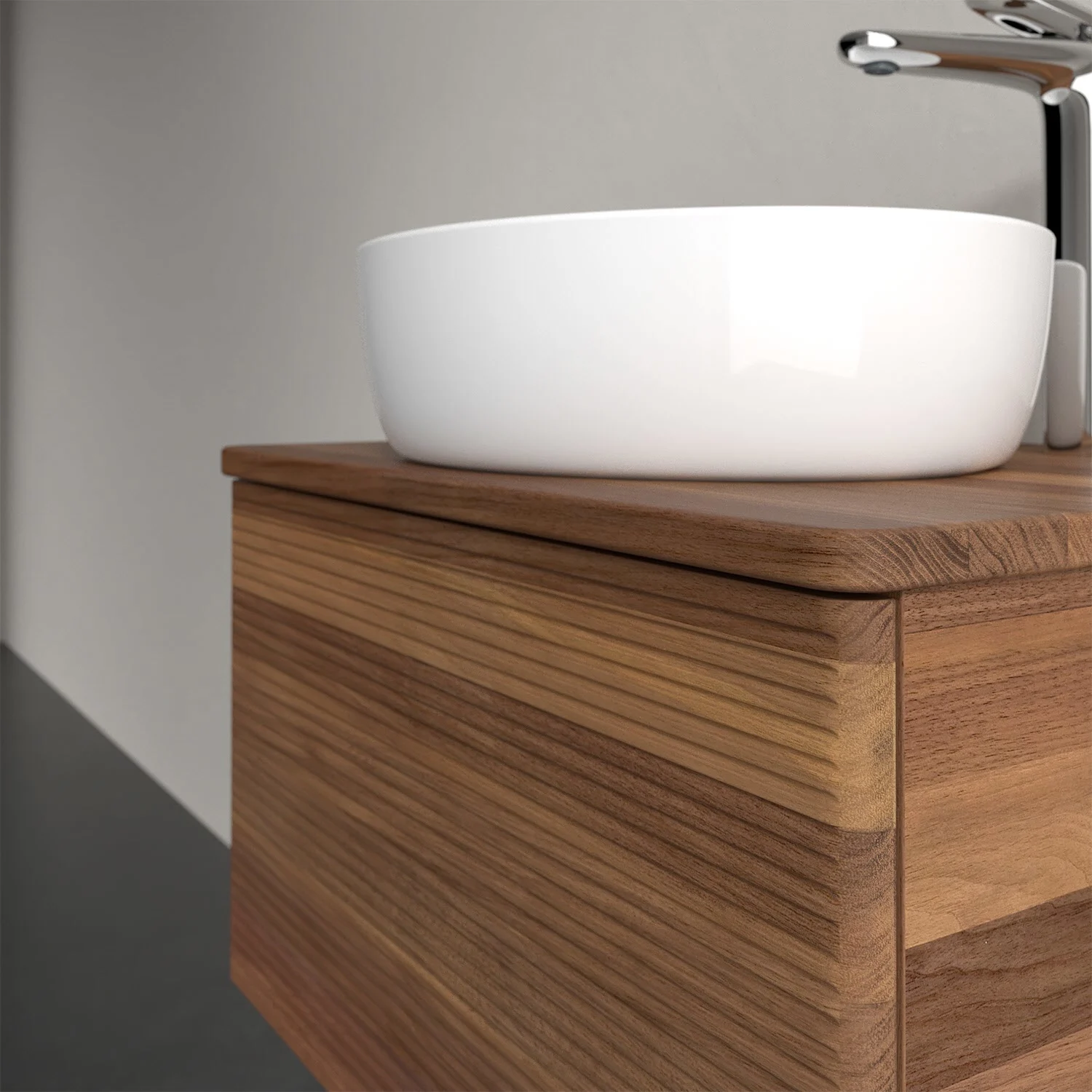 Umywalka z drewnianą powierzchnią i białą misą, Villeroy & Boch