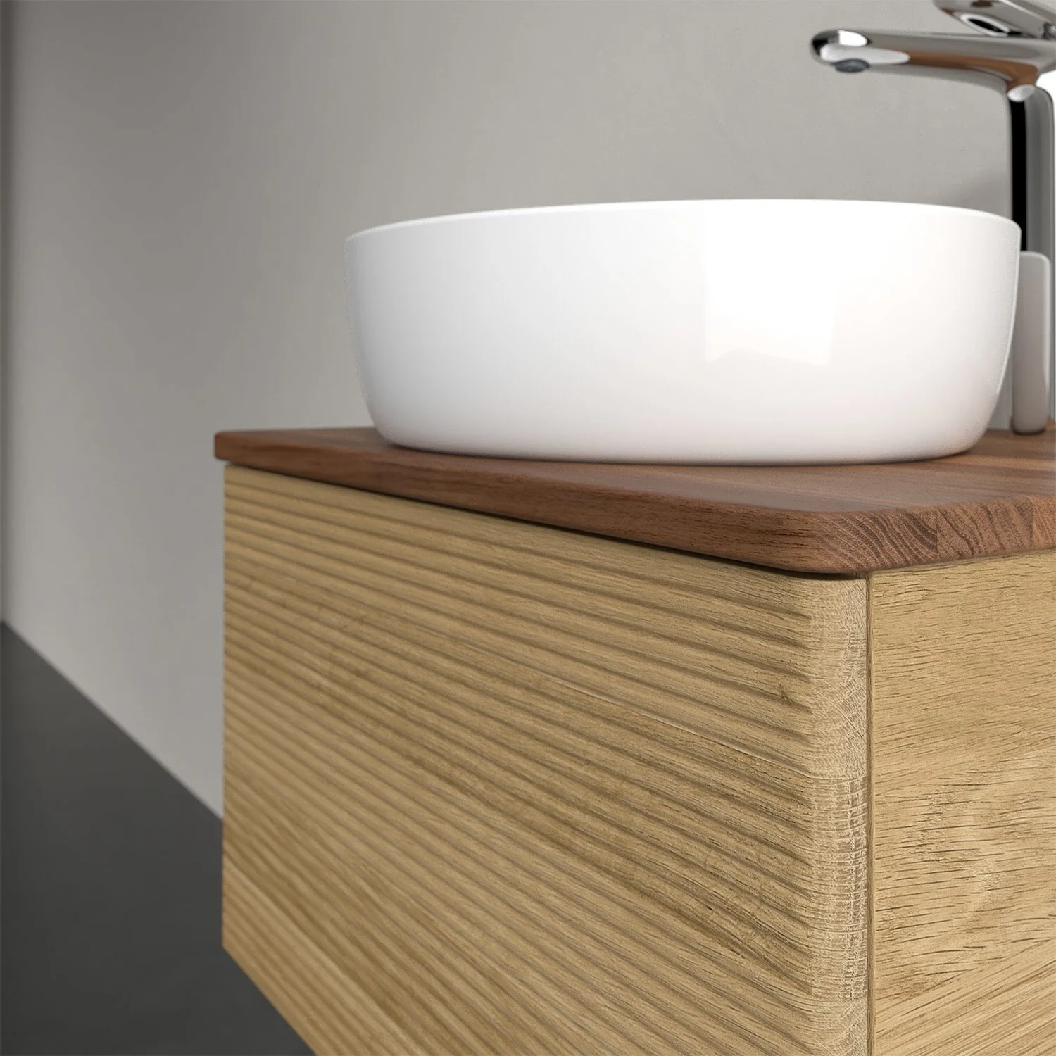Umywalka z drewnianą powierzchnią i białą misą, Villeroy & Boch