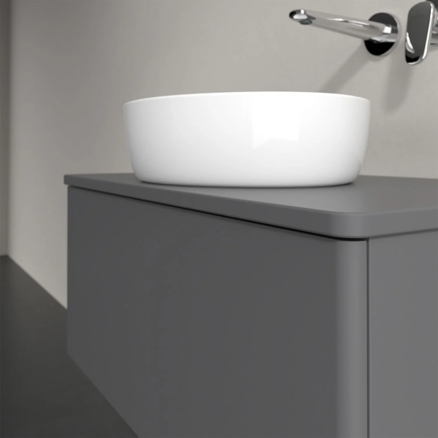 Umywalka na szarej szafce w łazience, Villeroy & Boch