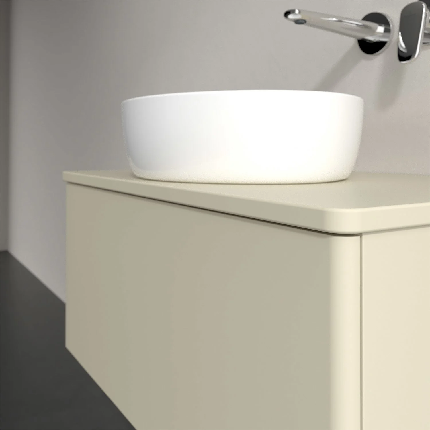 Umywalka na beżowej szafce w łazience, Villeroy & Boch