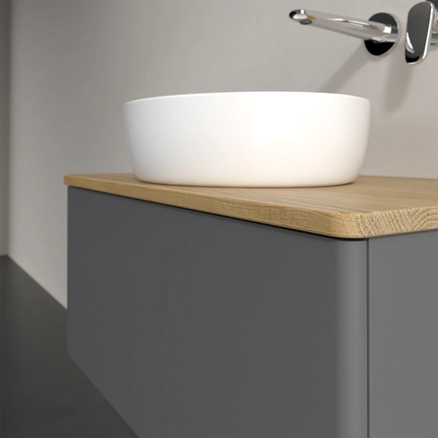Umywalka na drewnianym blacie zbliżenie, Villeroy & Boch