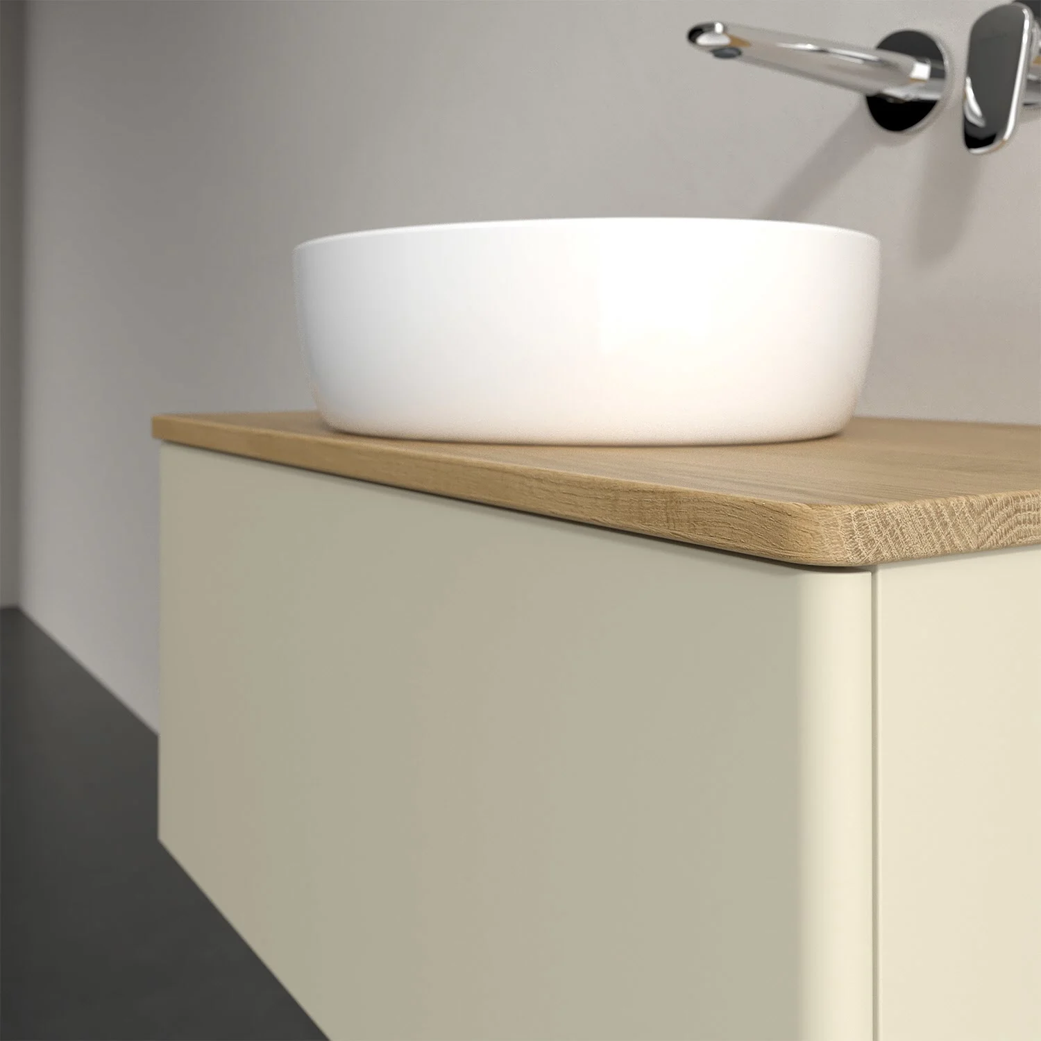 Umywalka na drewnianym blacie zbliżenie, Villeroy & Boch
