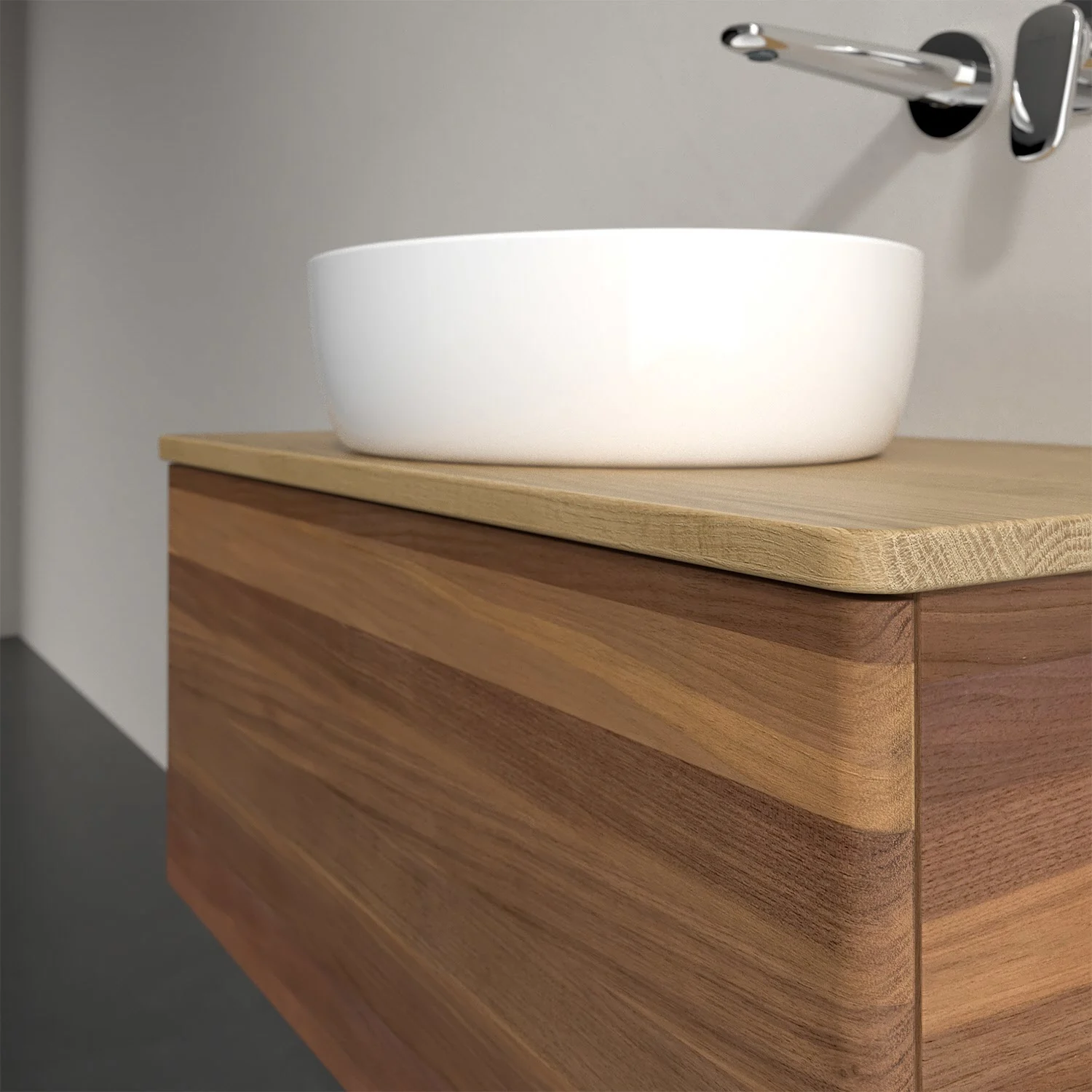 Umywalka na brązowej drewnianej szafce w łazience, Villeroy & Boch