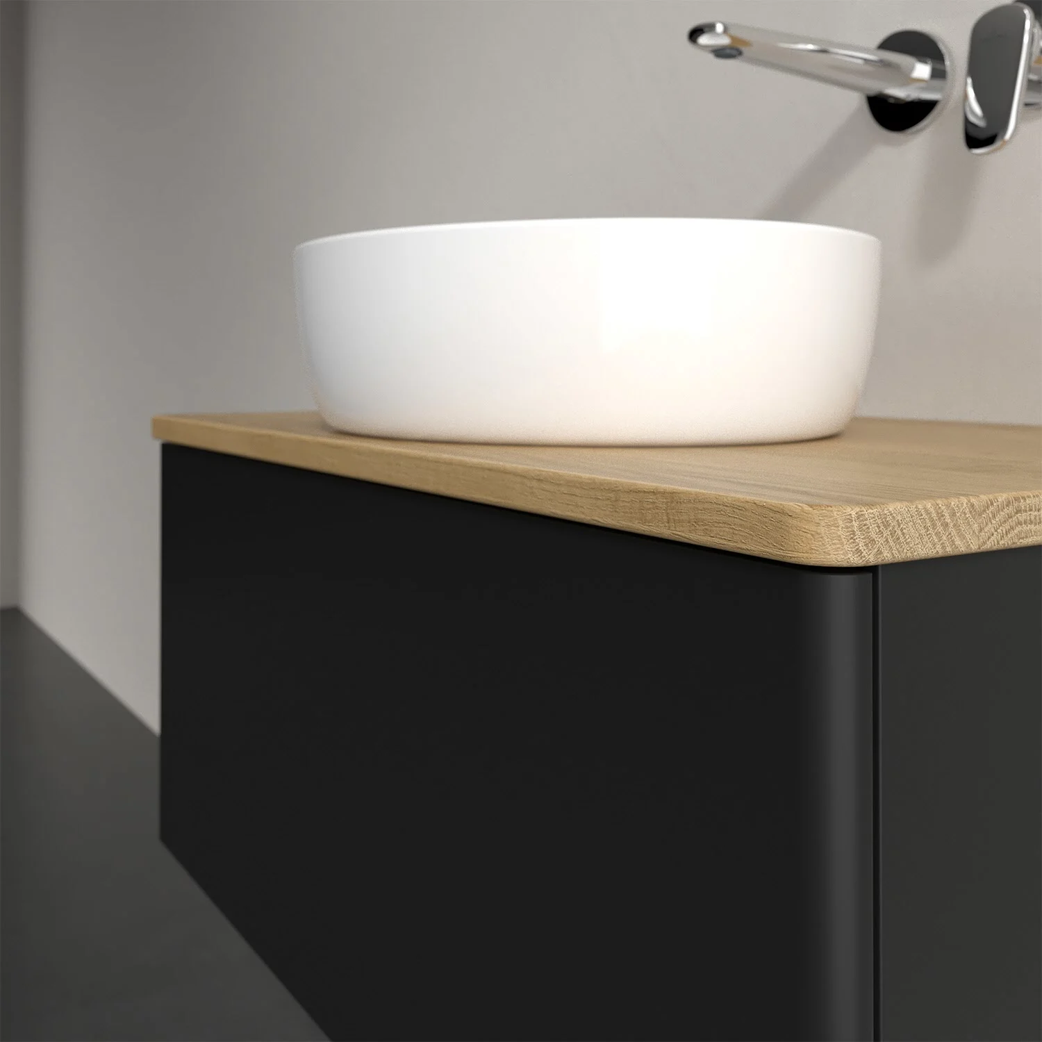 Umywalka na czarnej szafce w łazience, Villeroy & Boch
