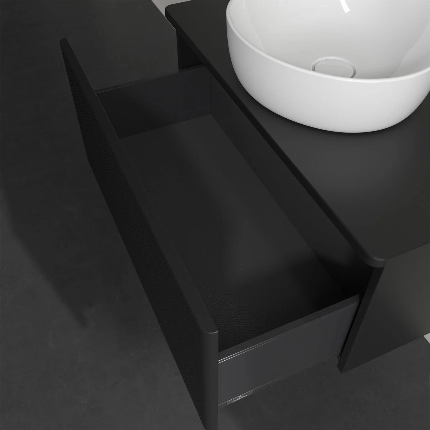 Umywalka z czarną szufladą i drewnianym blatem, Villeroy & Boch