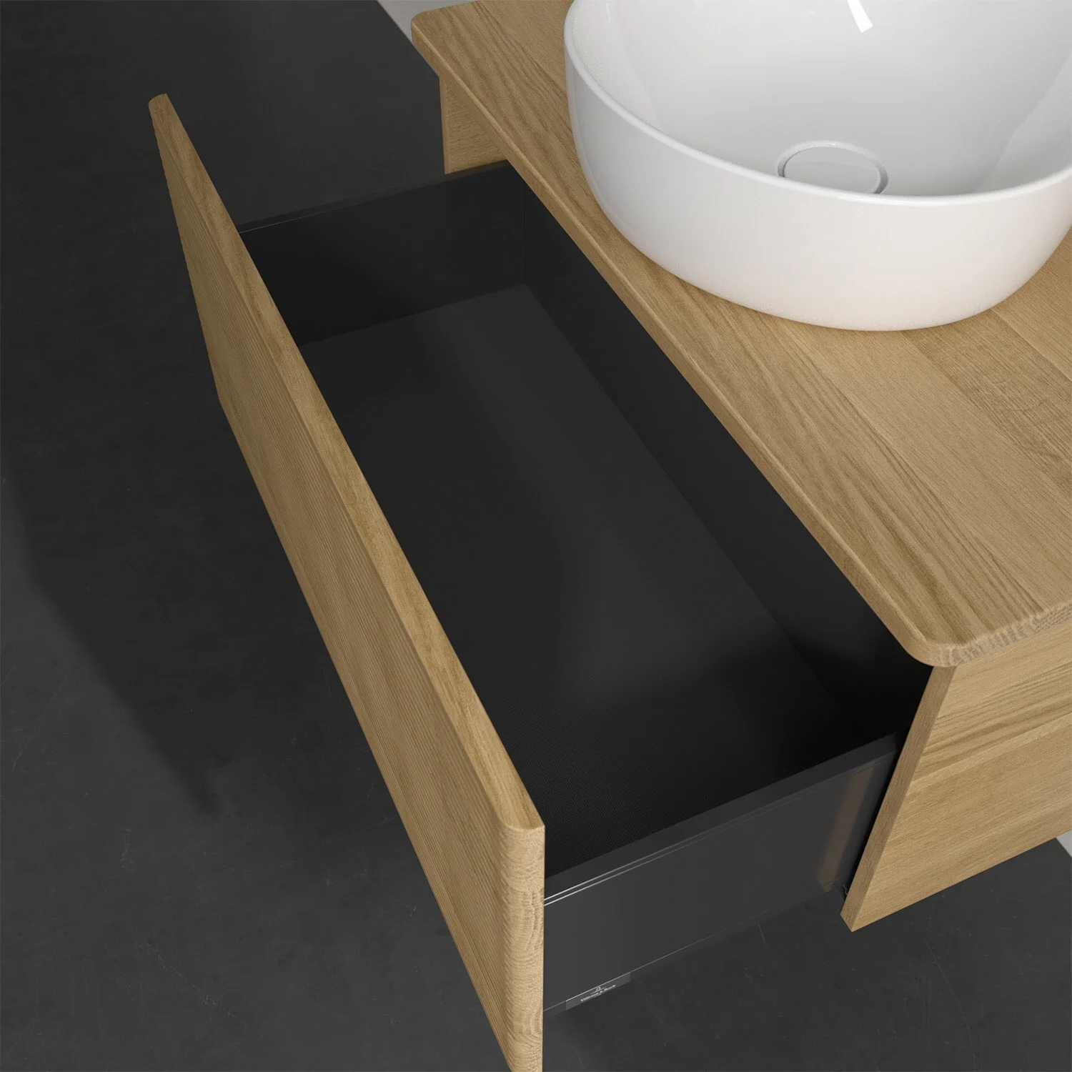 Drewniana szafka pod umywalkę z otwartą szufladą, Villeroy & Boch