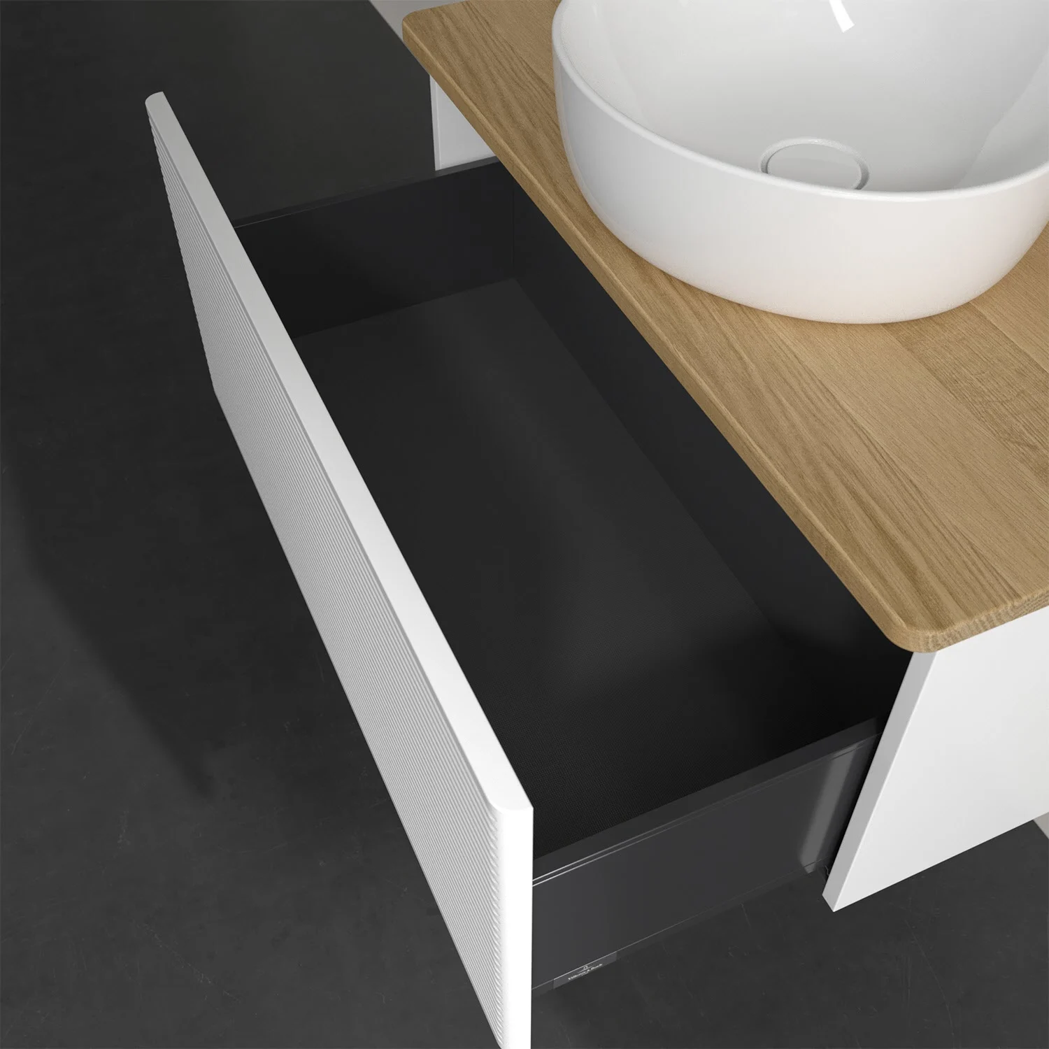 Biała szafka pod umywalkę z otwartą szufladą, Villeroy & Boch