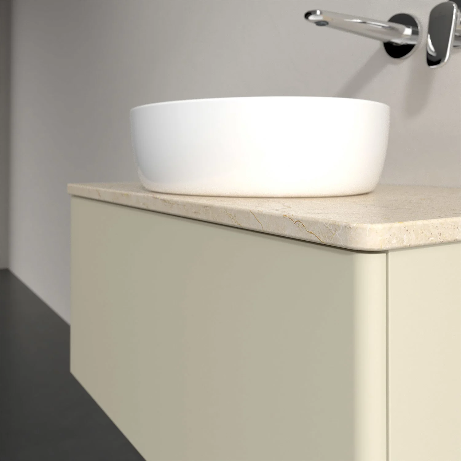 Umywalka na beżowej szafce w łazience, Villeroy & Boch