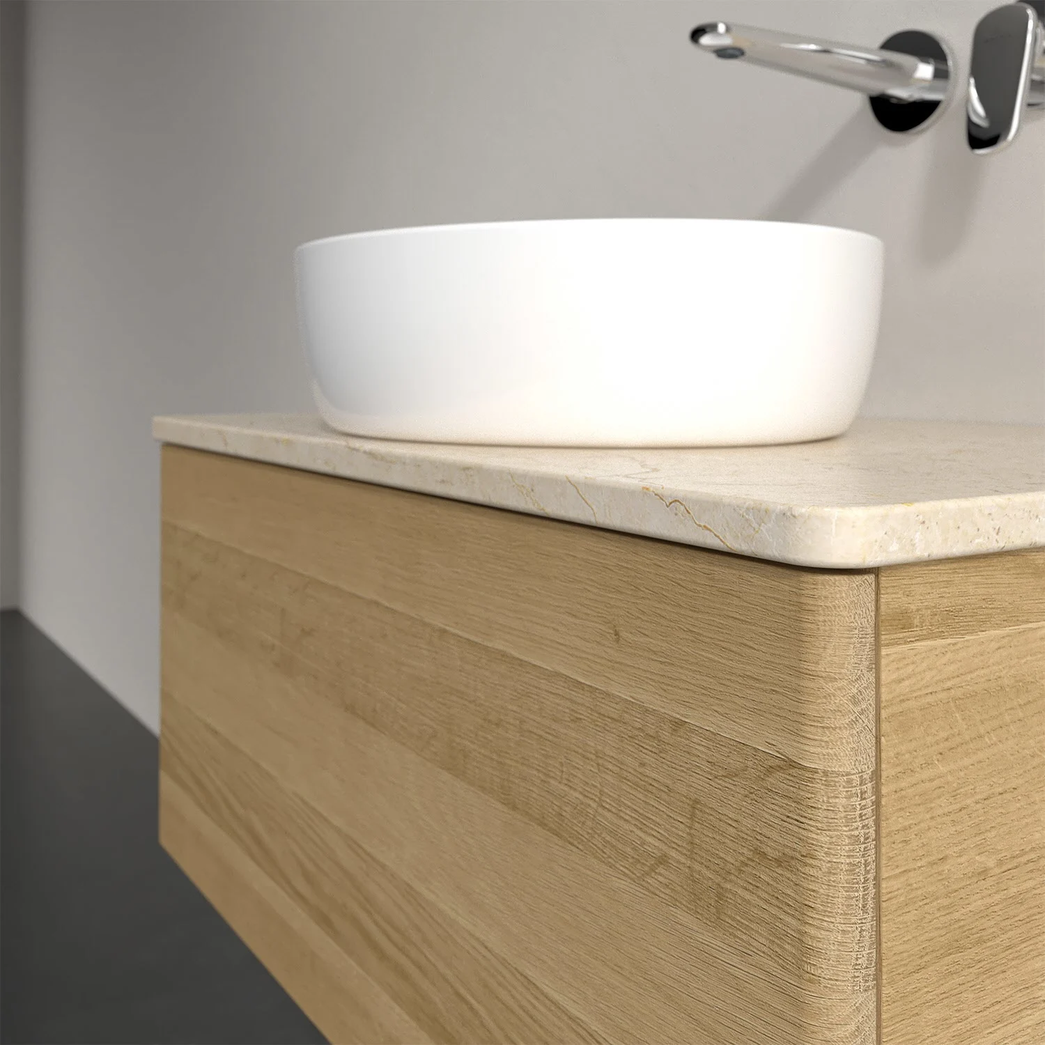 Meble łazienkowe w drewnianym wyglądzie z białą umywalką, Villeroy & Boch