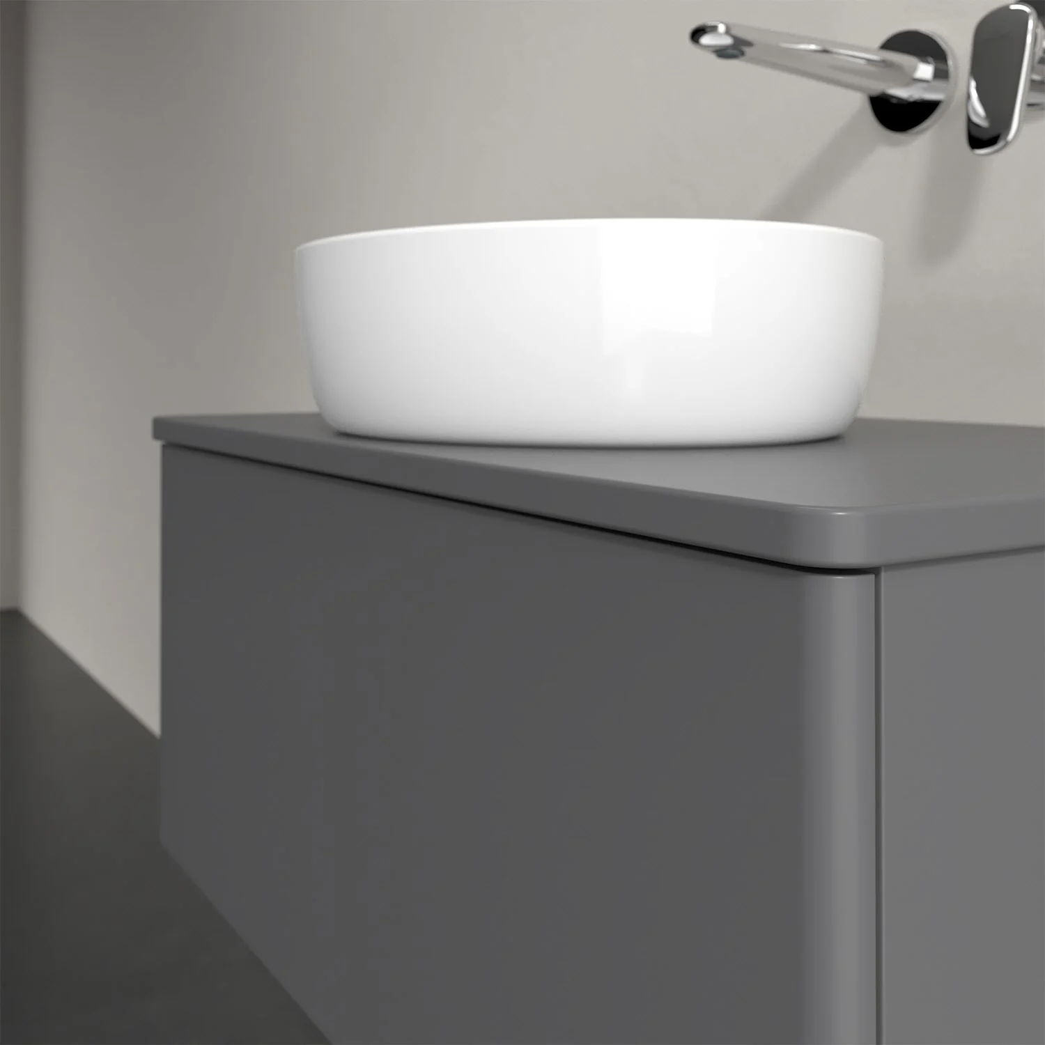 Szare meble łazienkowe z białą umywalką nablatową, Villeroy & Boch