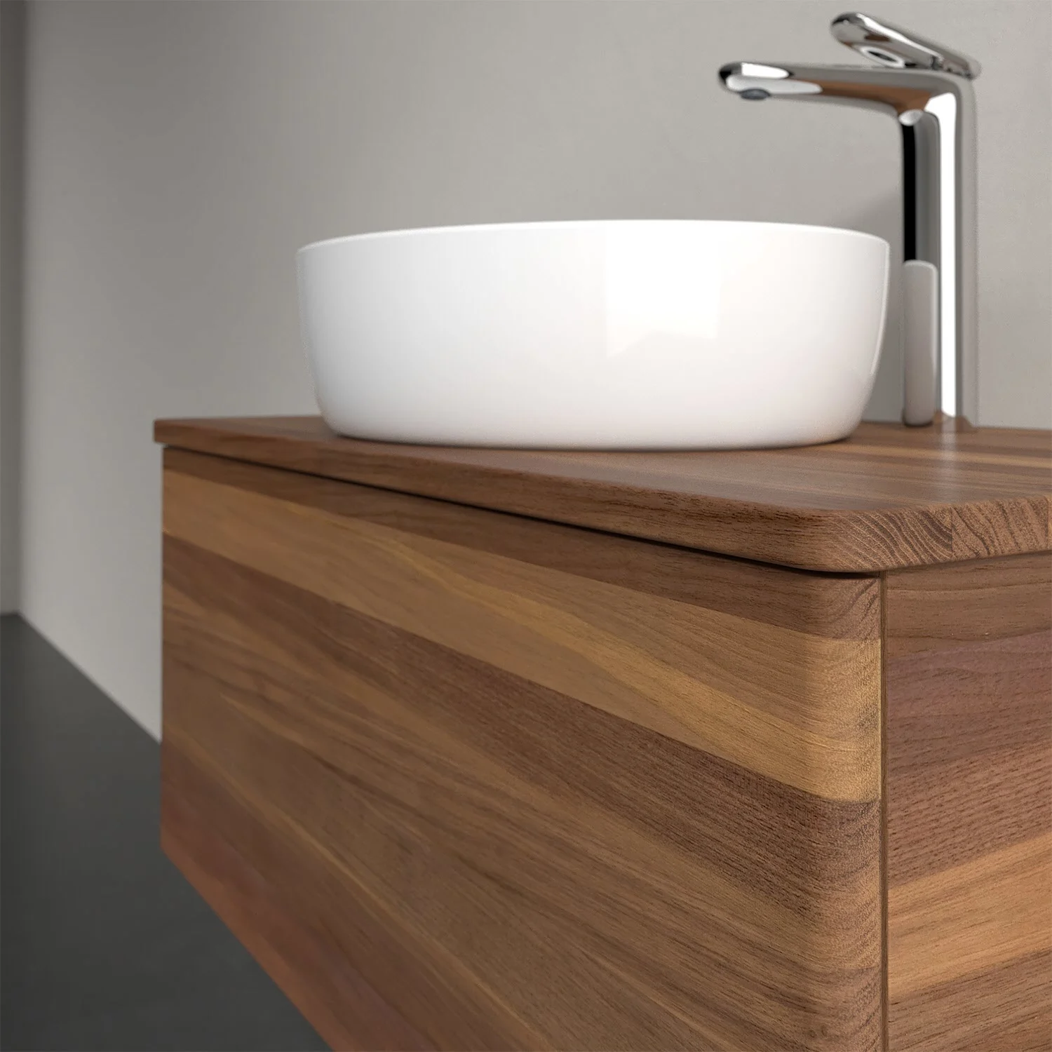 Umywalka na drewnianym blacie z drewnianą szafką, Villeroy & Boch