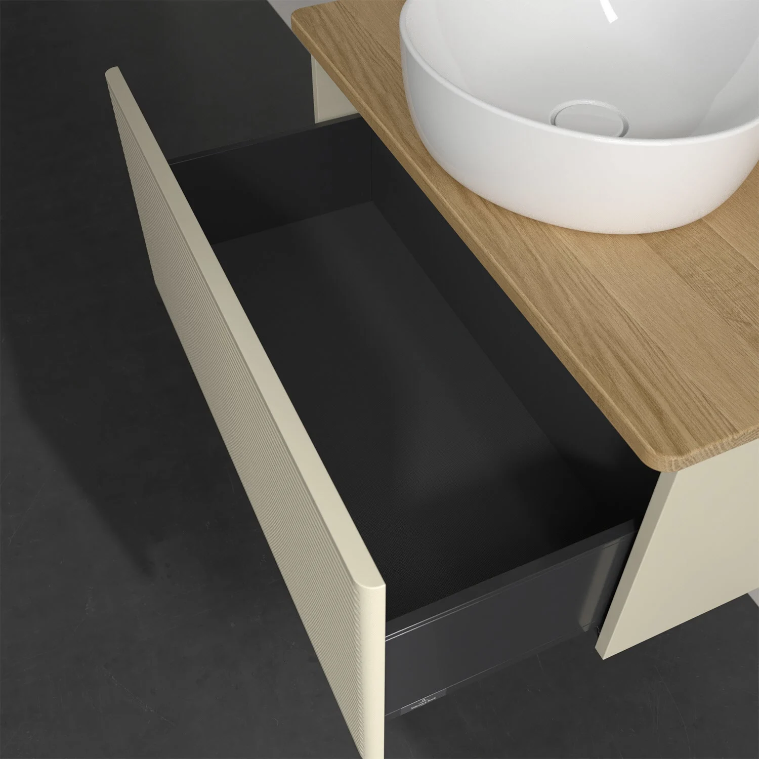 Otwarta szuflada pod umywalką na drewnianym blacie, Villeroy & Boch