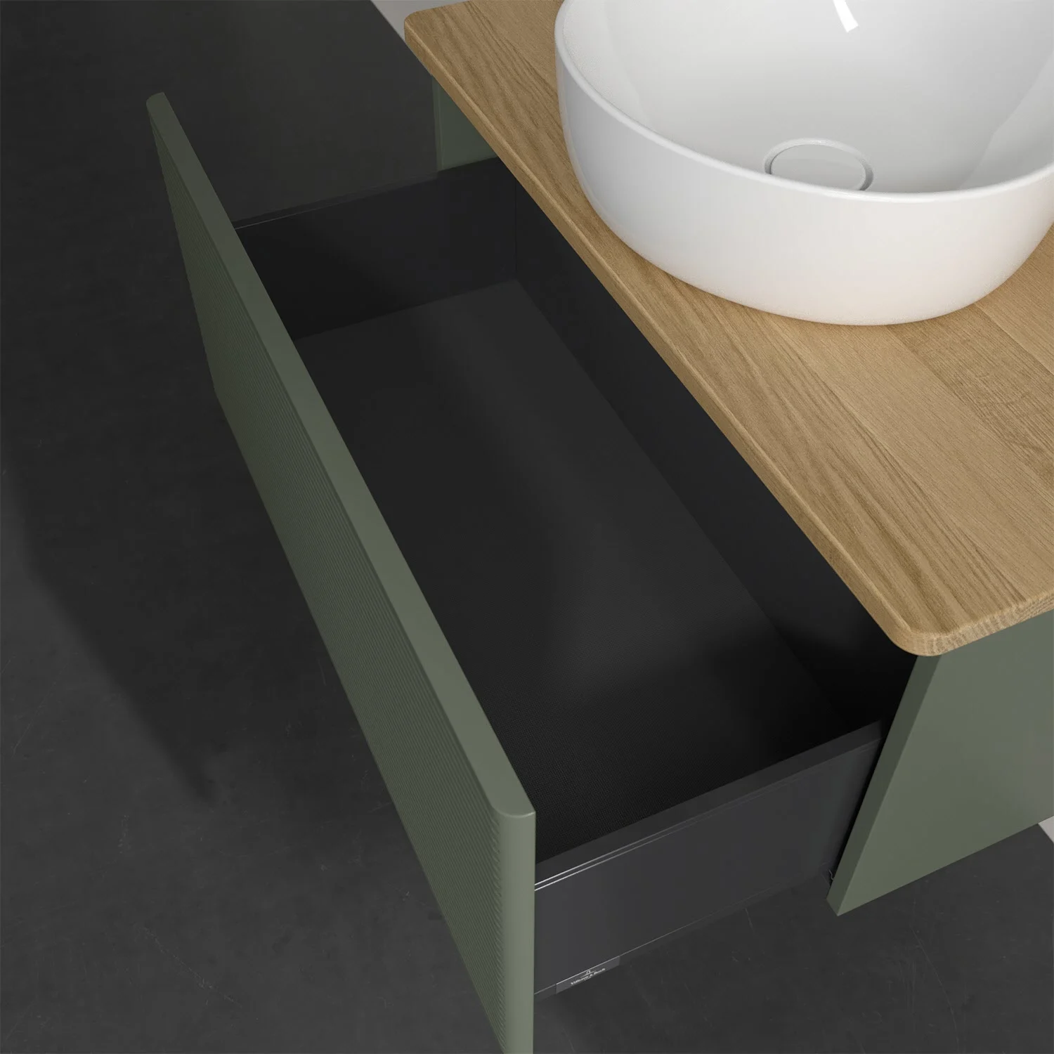 Drewniana szuflada z otwartą umywalką z góry, Villeroy & Boch
