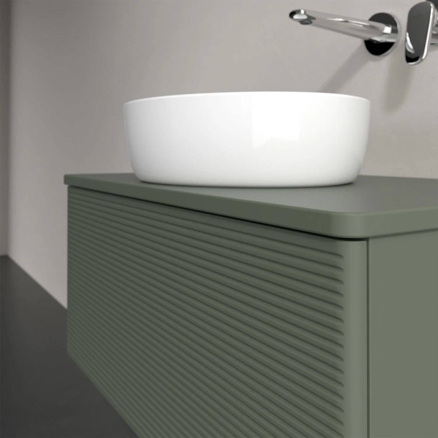 Umywalka na zielonej szafce w łazience, Villeroy & Boch