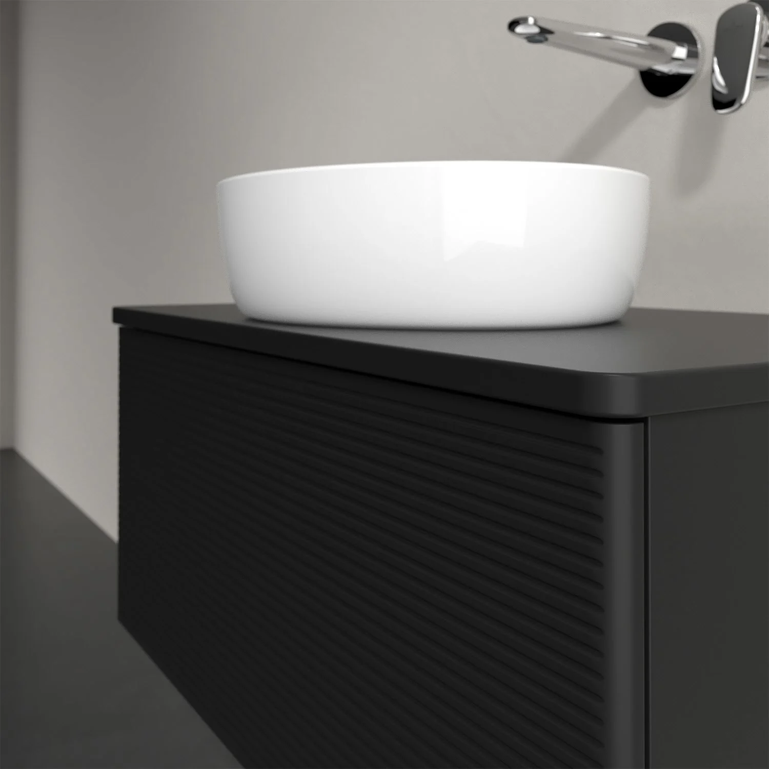 Umywalka na czarnej szafce w łazience, Villeroy & Boch