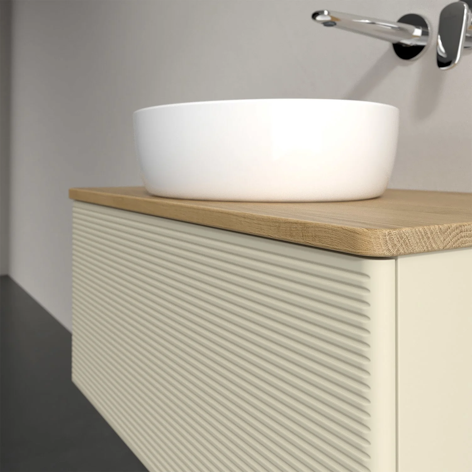 Umywalka z kremową szafką i drewnianym blatem, Villeroy & Boch