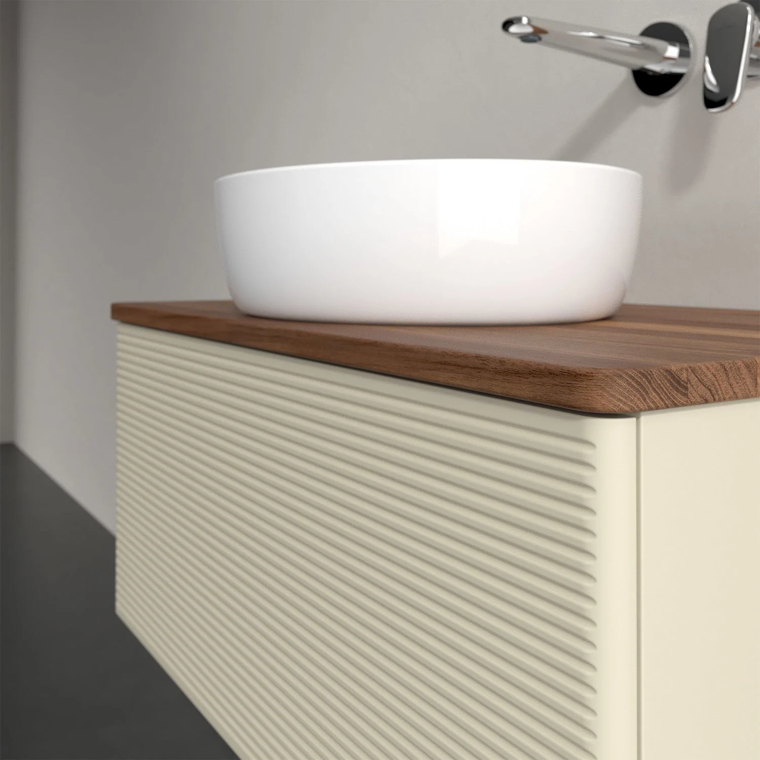 Umywalka na beżowej szafce w łazience, Villeroy & Boch