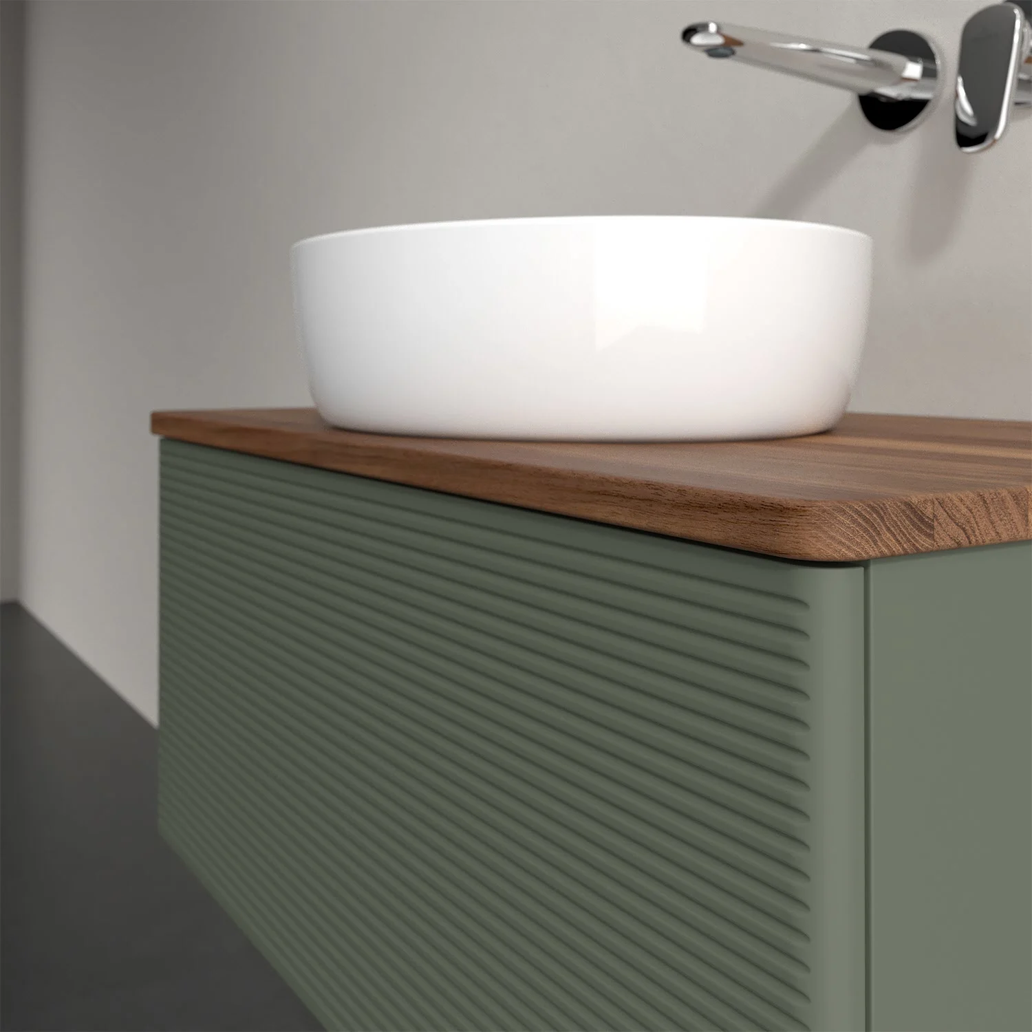 Umywalka na zielonej szafce w łazience, Villeroy & Boch