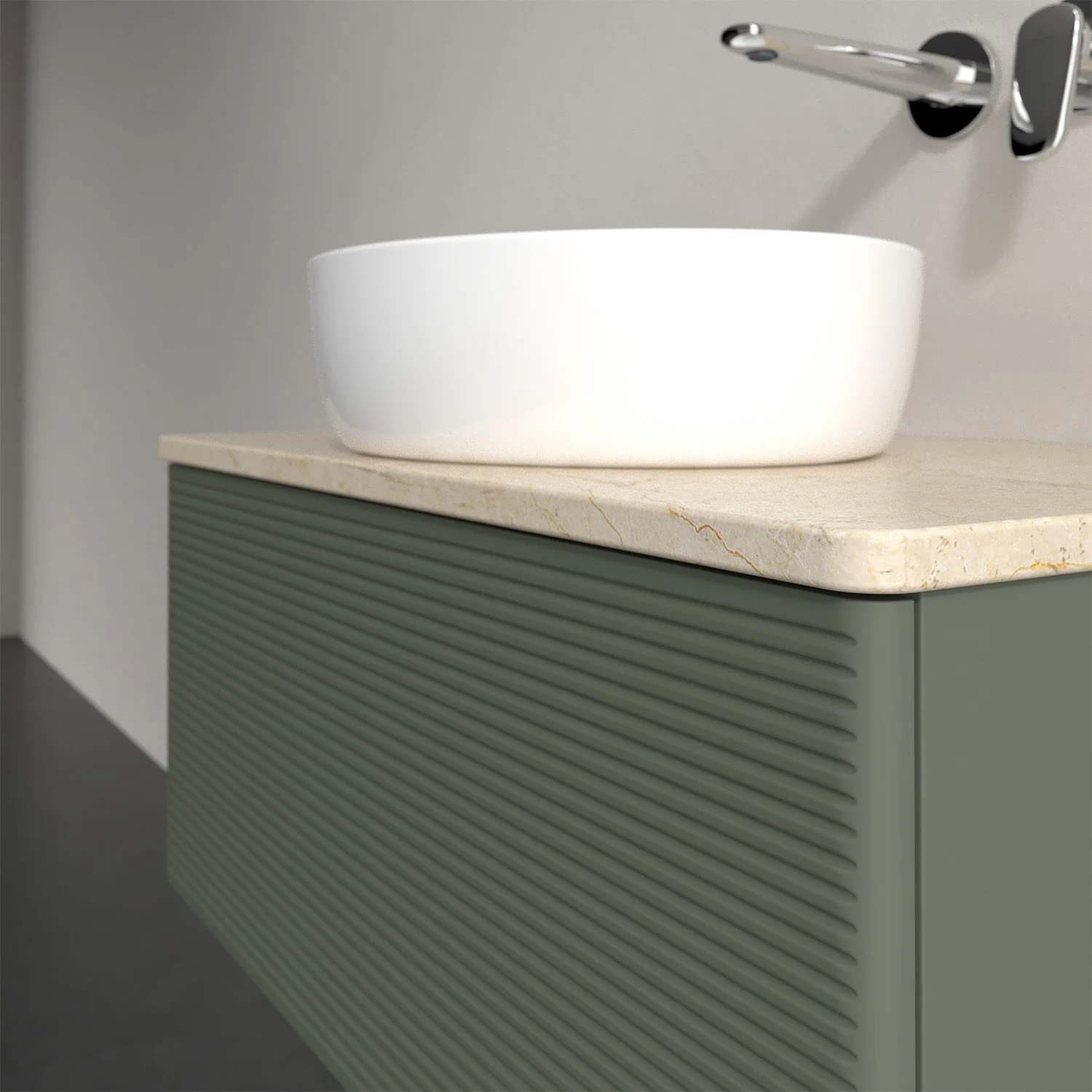 Umywalka na zielonej szafce w łazience, Villeroy & Boch