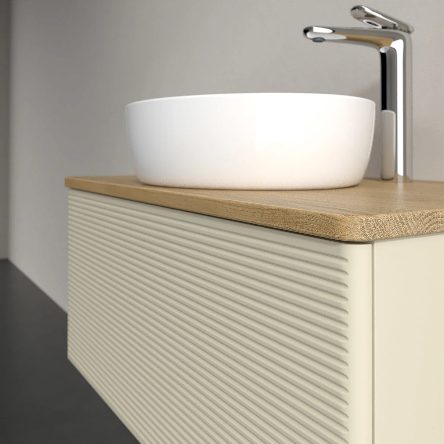 Umywalka z drewnianym blatem i białą umywalką, Villeroy & Boch