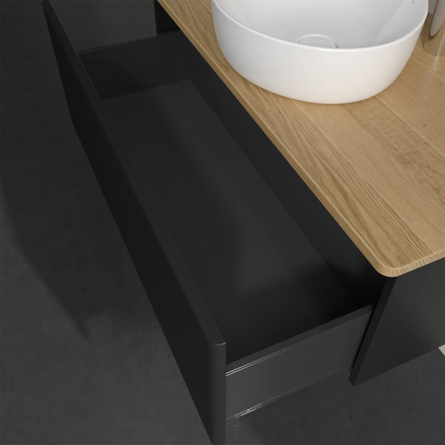 Otwarta szuflada z umywalką na drewnianym blacie, Villeroy & Boch