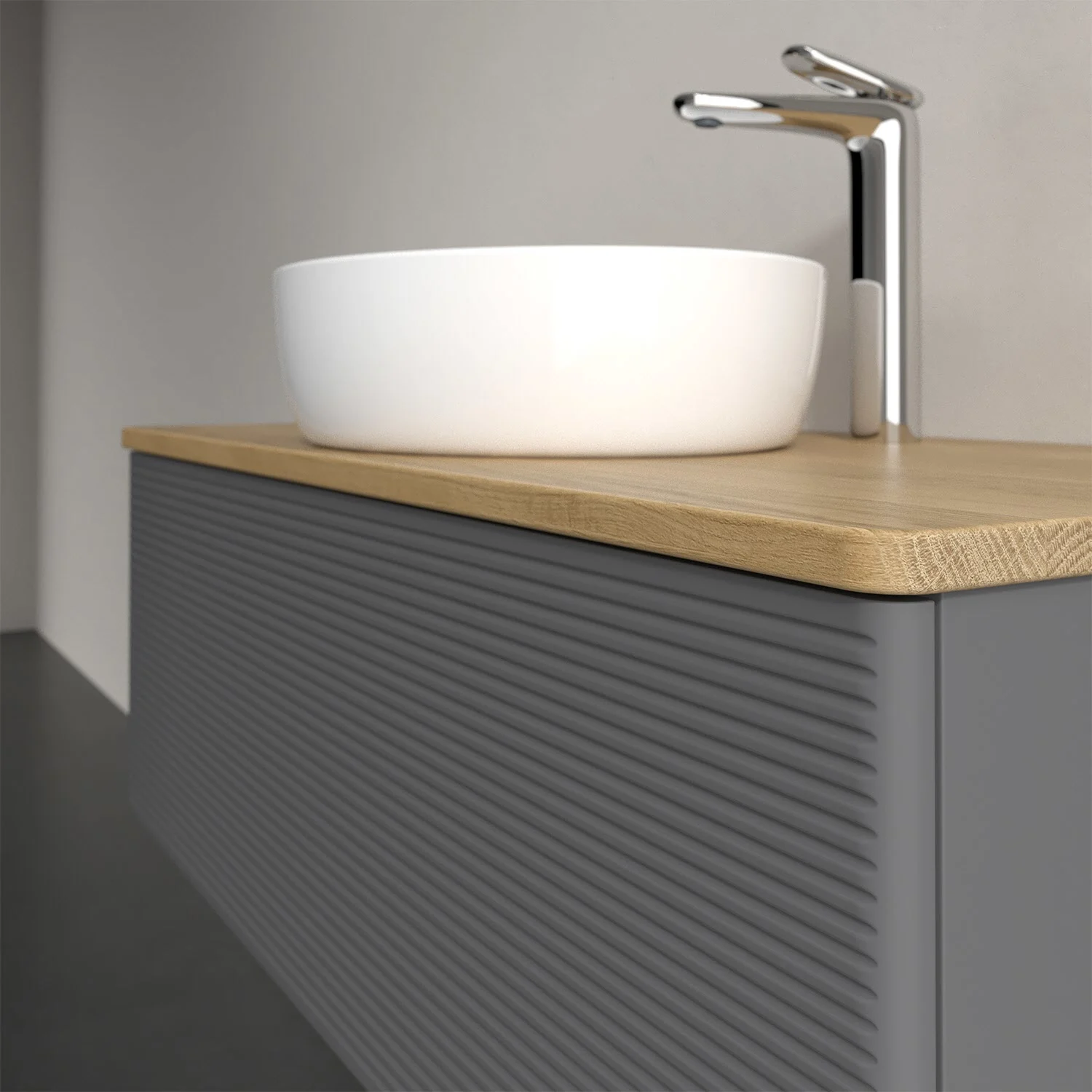 Umywalka z białą misą i drewnianą powierzchnią, Villeroy & Boch