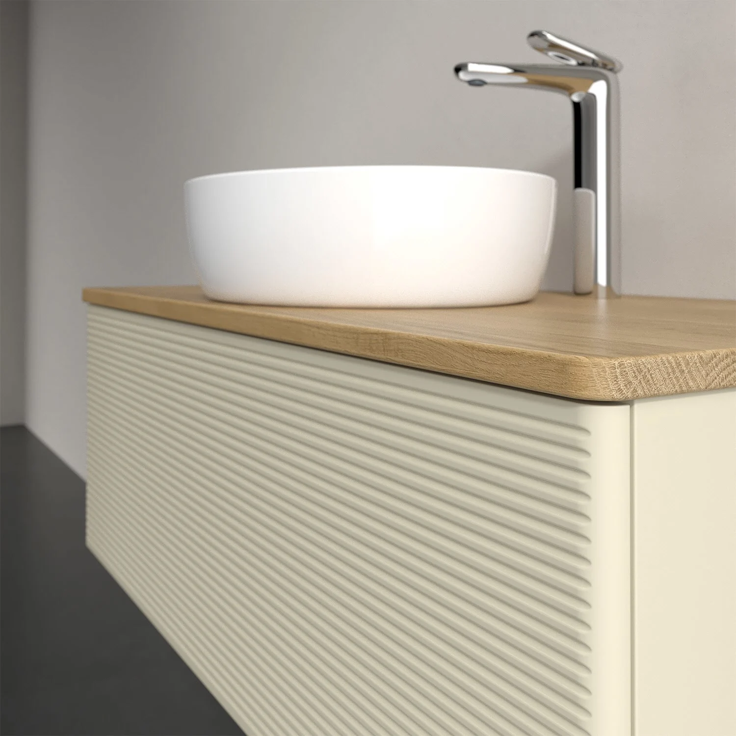 Umywalka z białą misą i drewnianą powierzchnią, Villeroy & Boch