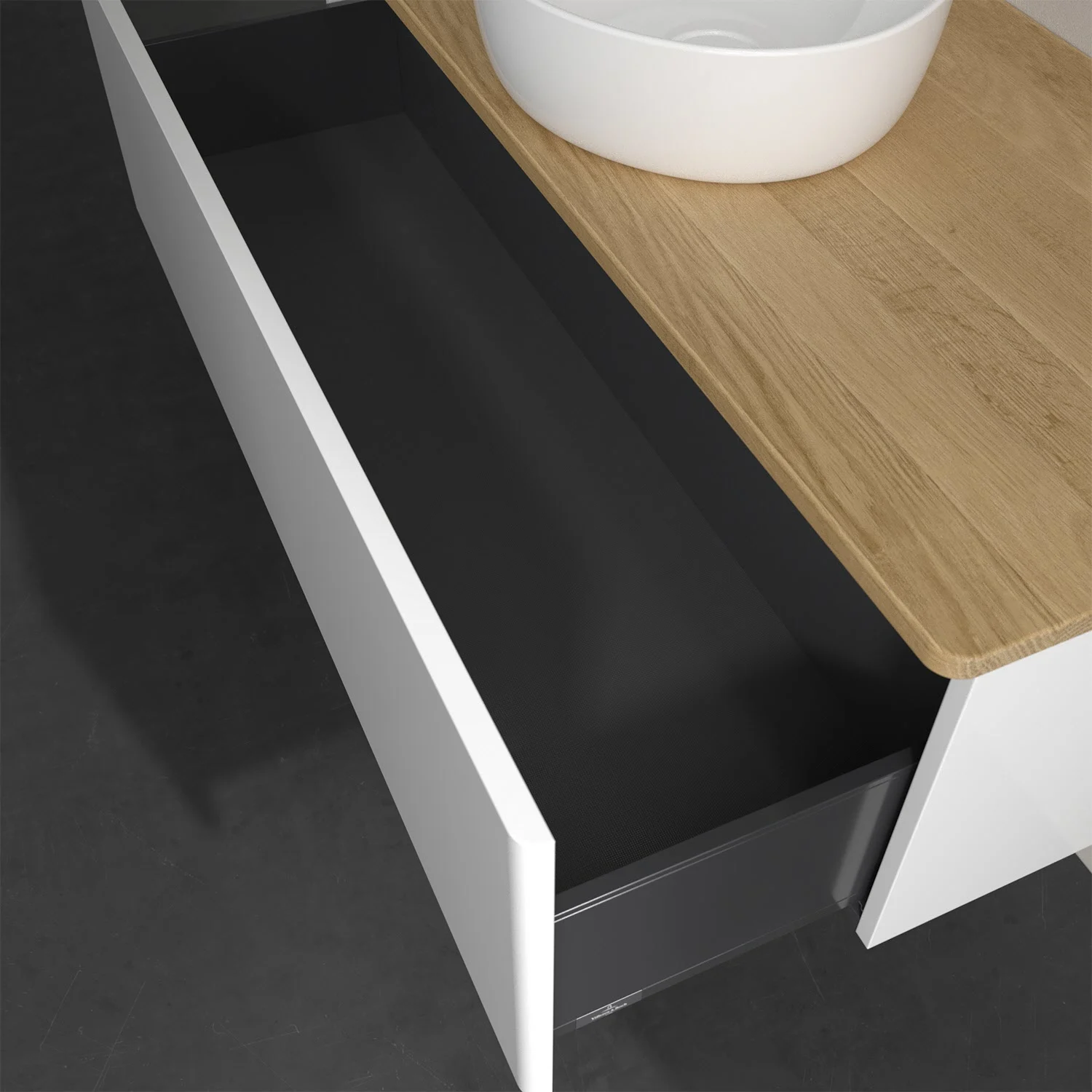 Otwarta szuflada z umywalką i drewnianą powierzchnią, Villeroy & Boch
