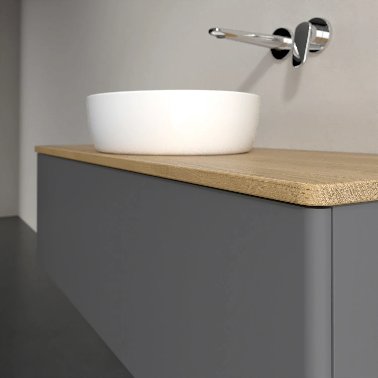 Umywalka na drewnianym blacie zbliżenie, Villeroy & Boch