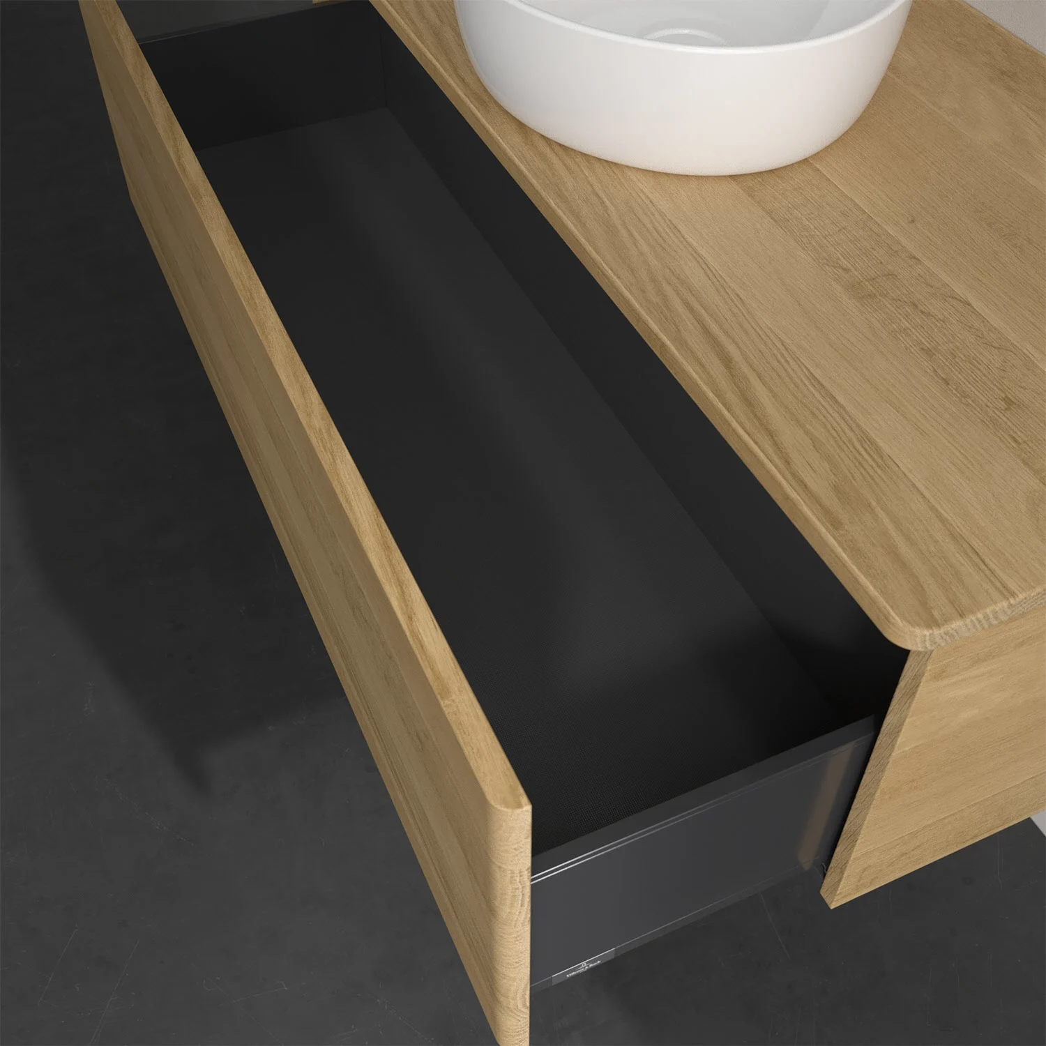 Otwarta szuflada pod umywalką z drewnianą powierzchnią, Villeroy & Boch